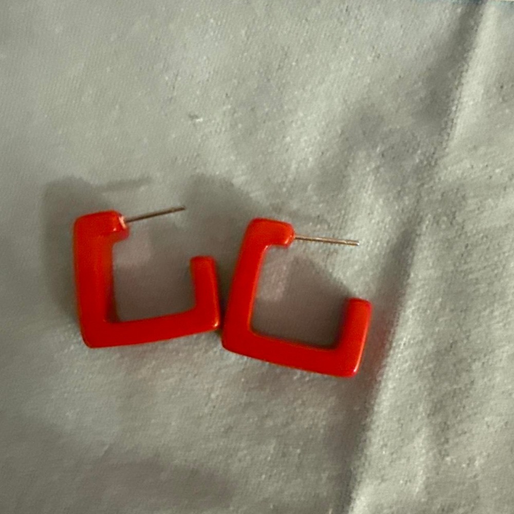 Women Orange Square Hoop Earrings Geometric Enamel Style Post Back Hoops